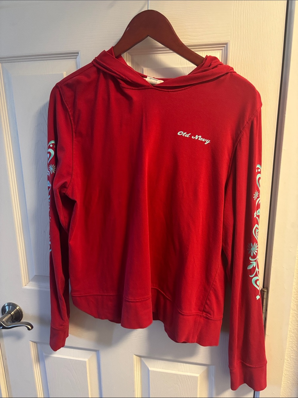 Old Navy Red Hooded Sweatshirt with White Sleeve Accents
